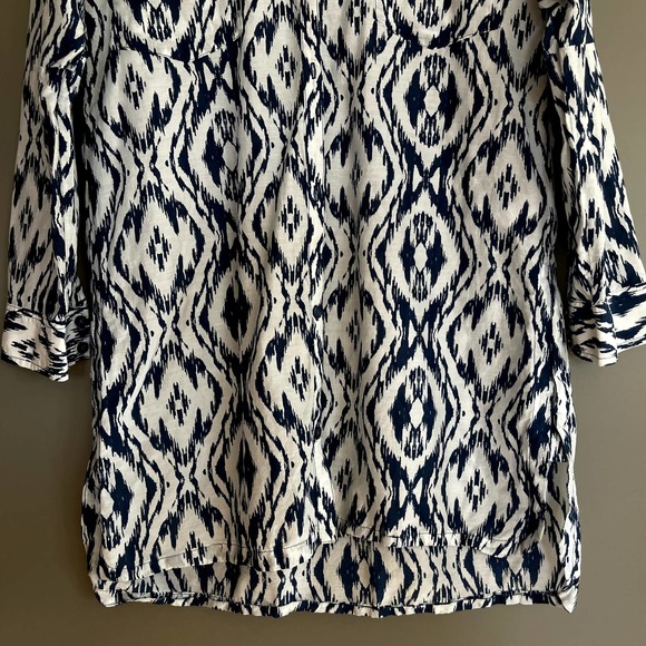 Athleta Printed Kaftan Shirt Dress Tunic Navy Blue White Ikat Medium Cover Up - Picture 4 of 16